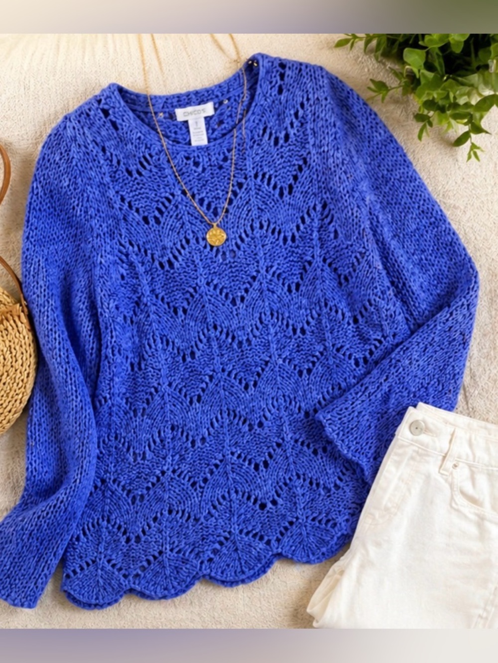 Chico’s Blue Purple Crochet Knit Sweater Scalloped Hem Lightweight Women’s 1/Med